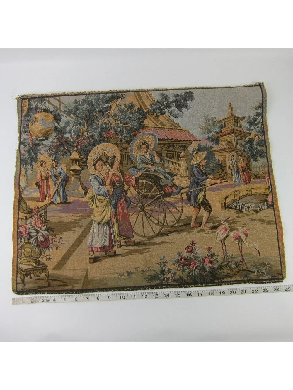 Vintage French Tapestry Japanese Geisha Parasol Cart Pagoda with Rod 25 x 19